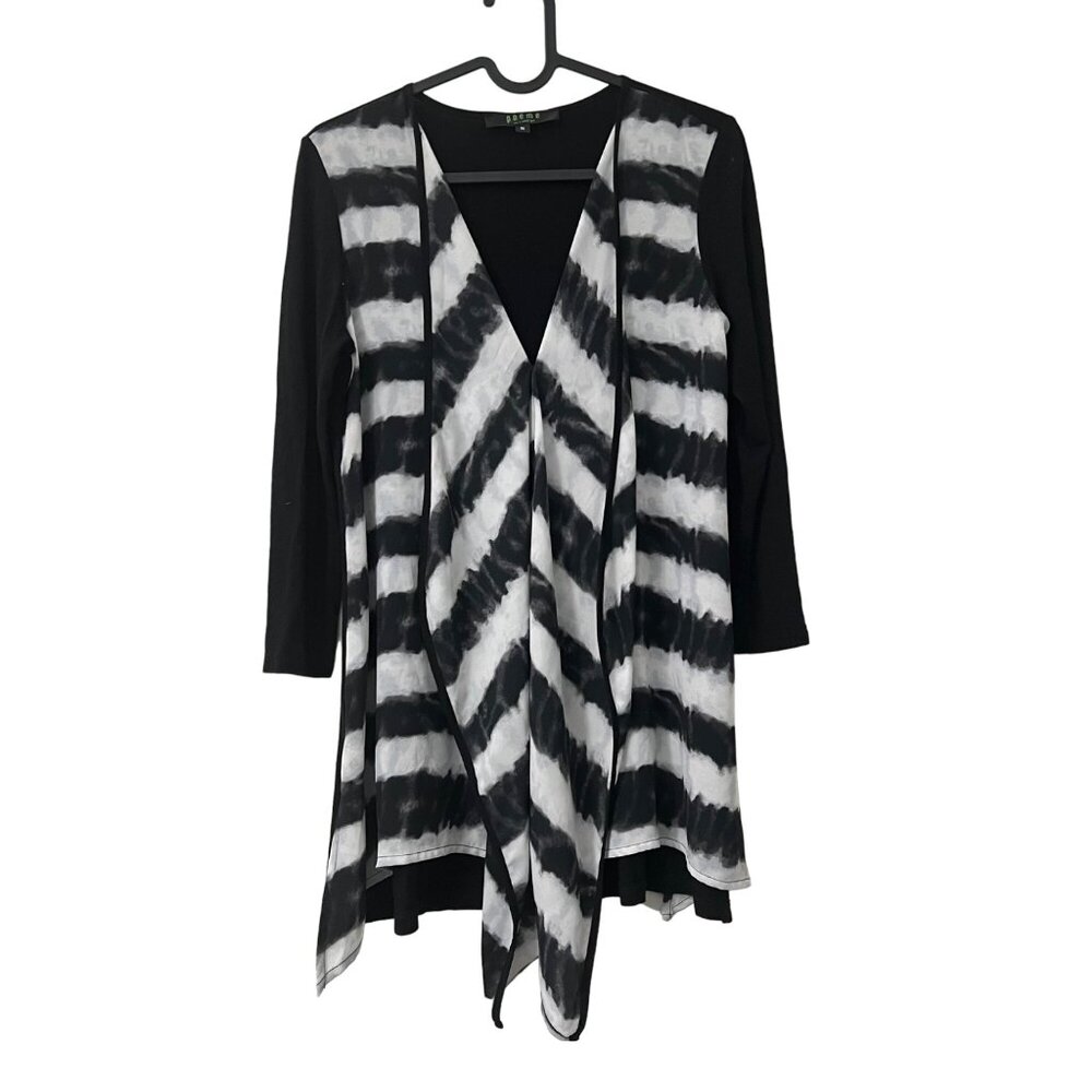 Poeme by Citron Black White Tie Dye Cascade Ruffle Front Blouse Size Small